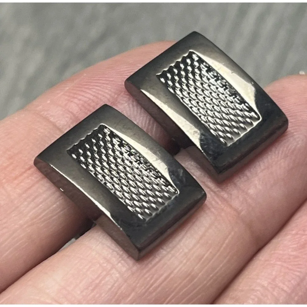 Modern Dark Gray Silver Tone Rectangle Cufflinks Textured Inlay Accessory